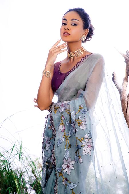 Shop_Omana By Ranjana Bothra_Blue Organza, Silk Beads, Cut Work, Embroidery Lily 3d Flower Saree With Blouse _Online_at_Aza_Fashions