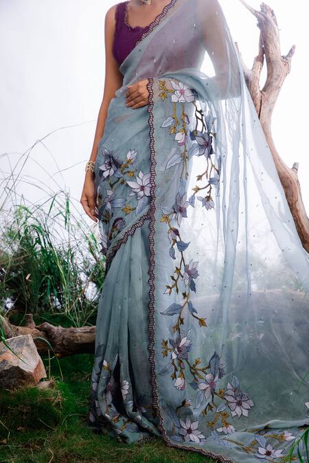 Omana By Ranjana Bothra_Blue Organza, Silk Beads, Cut Work, Embroidery Lily 3d Flower Saree With Blouse _at_Aza_Fashions