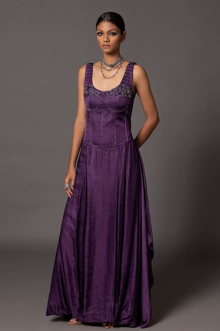 Buy Purple Linen Satin Embroidered Thread Round Roma Corset Gown