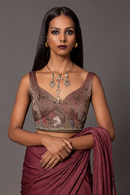 A Humming Way Red Bamberg Georgette Satin Embroidered Metallic V-neck Namib Blouse 