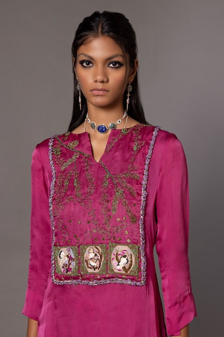 A Humming Way_Pink Bamberg Satin Embroidered Bead Notched Iris Bird Kurta With Dhoti Pant _Online_at_Aza_Fashions