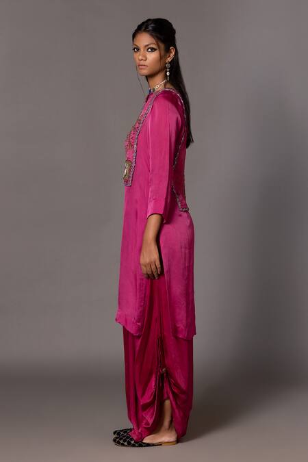 Buy_A Humming Way_Pink Bamberg Satin Embroidered Bead Notched Iris Bird Kurta With Dhoti Pant _Online_at_Aza_Fashions