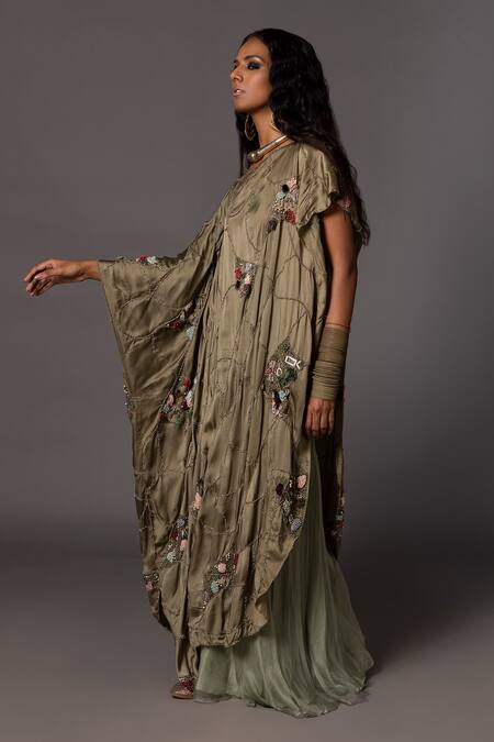 A Humming Way_Gold Bamberg Georgette Satin Topiary Jacobean Kaftan Cape With Trouser _Online_at_Aza_Fashions