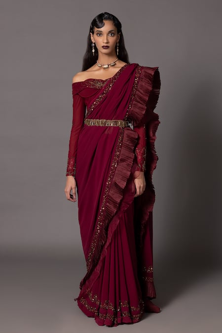 A Humming Way Red Stretch Net Embroidered Sequin Off Border Pre-draped Ruffle Saree Set