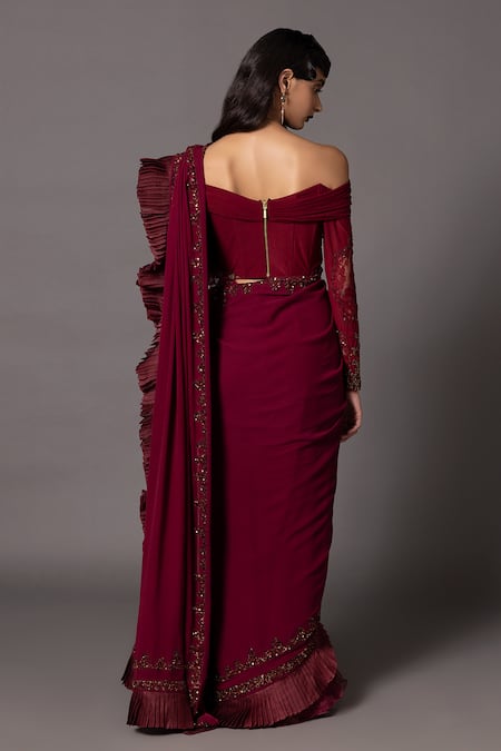 A Humming Way Sequin Embroidered Border Pre-Draped Ruffle Saree Set 