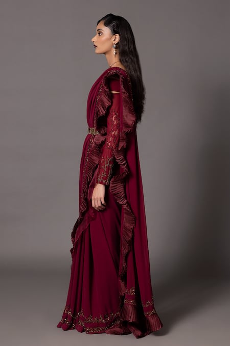 A Humming Way_Red Stretch Net Embroidered Sequin Off Border Pre-draped Ruffle Saree Set _Online_at_Aza_Fashions