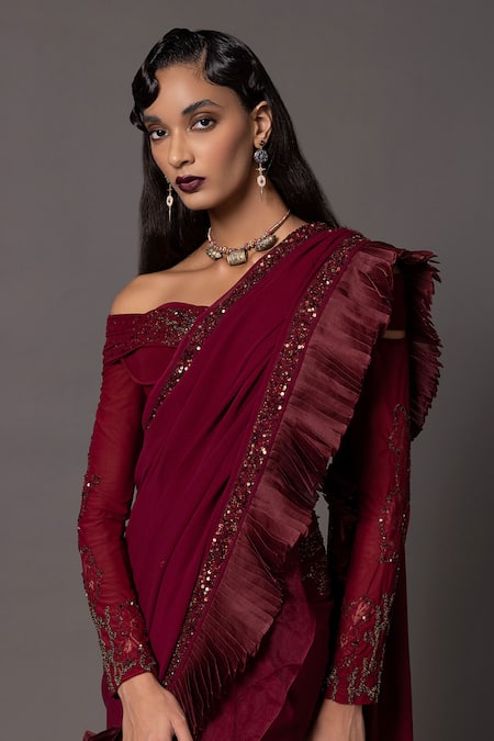 Buy_A Humming Way_Red Stretch Net Embroidered Sequin Off Border Pre-draped Ruffle Saree Set _Online_at_Aza_Fashions