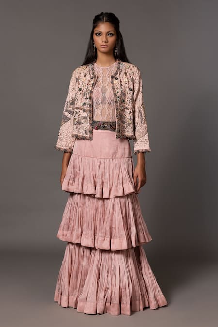 A Humming Way Pink Satin Organza Embroidered Sequin Sang-e-sitara Crystal Tiered Skirt Set