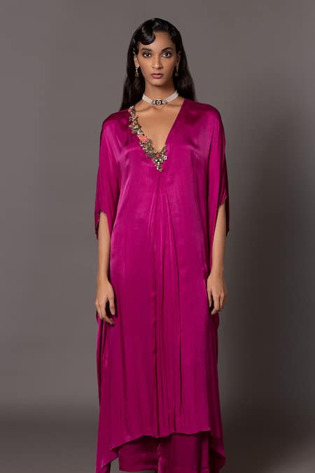 A Humming Way_Pink Satin Chiffon Embroidered Bead Iris Placed Stone Kaftan With Trouser _Online_at_Aza_Fashions