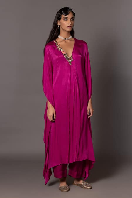 Shop_A Humming Way_Pink Satin Chiffon Embroidered Bead Iris Placed Stone Kaftan With Trouser _Online_at_Aza_Fashions