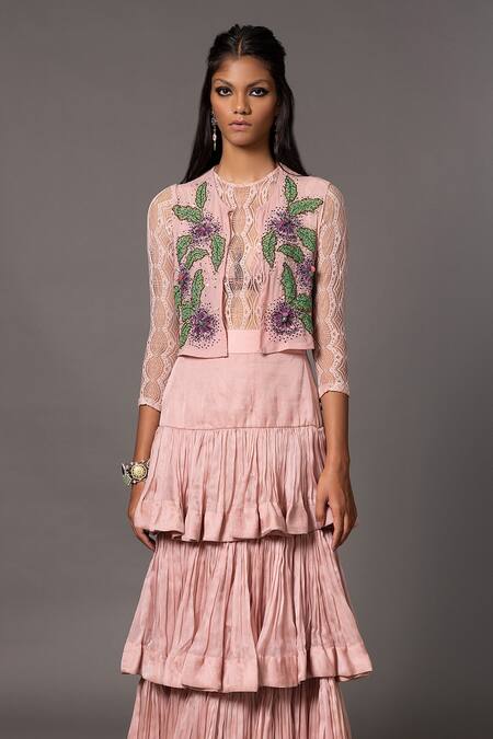 A Humming Way Pink Satin Organza Embroidered Sequin Sang-e-sitara Bead Tiered Skirt Set Online at Aza Fashions A Humming Way_Pink Satin Organza Embroidered Sequin Sang-e-sitara Bead Tiered Skirt Set _Online_at_Aza_Fashions