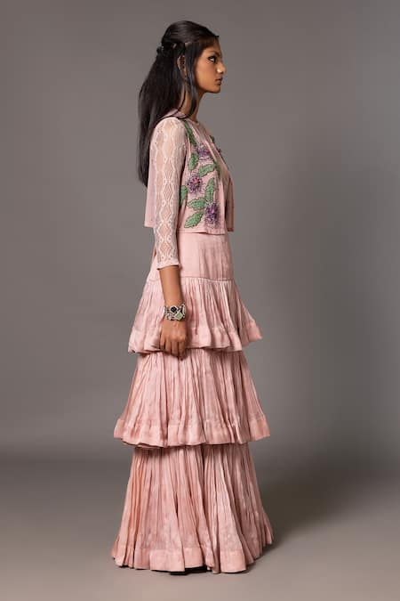 Buy A Humming Way Pink Satin Organza Embroidered Sequin Sang-e-sitara Bead Tiered Skirt Set Online at Aza Fashions Buy_A Humming Way_Pink Satin Organza Embroidered Sequin Sang-e-sitara Bead Tiered Skirt Set _Online_at_Aza_Fashions
