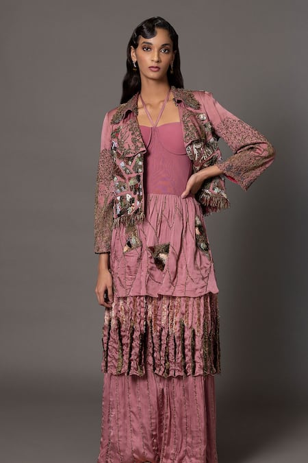 A Humming Way_Pink Linen Satin Embroidered Bead Jacket Earth Jacobean Patchwork With Gown _Online_at_Aza_Fashions