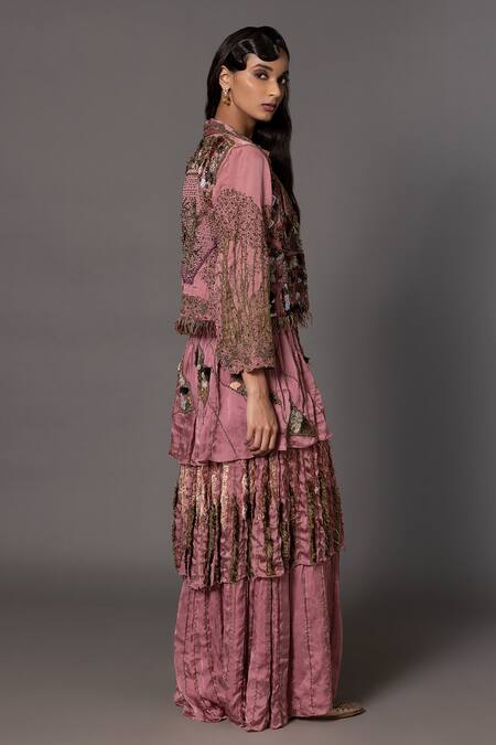 Buy_A Humming Way_Pink Linen Satin Embroidered Bead Jacket Earth Jacobean Patchwork With Gown _Online_at_Aza_Fashions