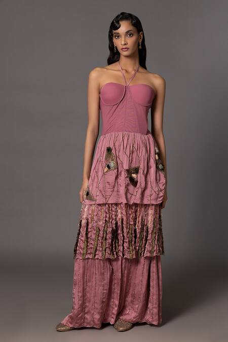 Shop_A Humming Way_Pink Linen Satin Embroidered Bead Jacket Earth Jacobean Patchwork With Gown _Online_at_Aza_Fashions