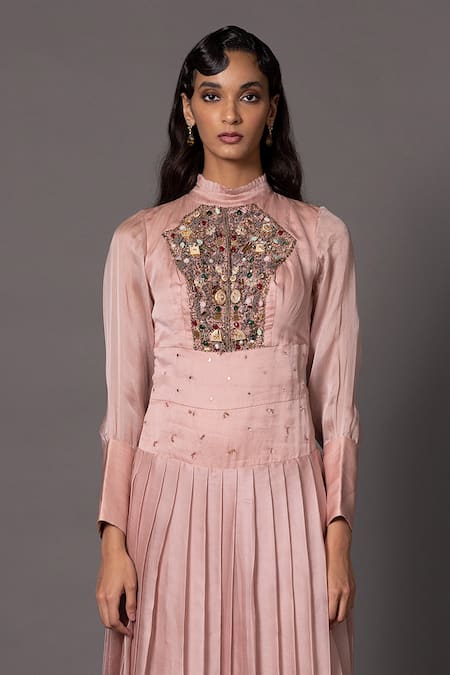 A Humming Way_Pink Satin Organza Embroidered Sang-e-sitara Stonework Bodice Victorian Gown _Online_at_Aza_Fashions