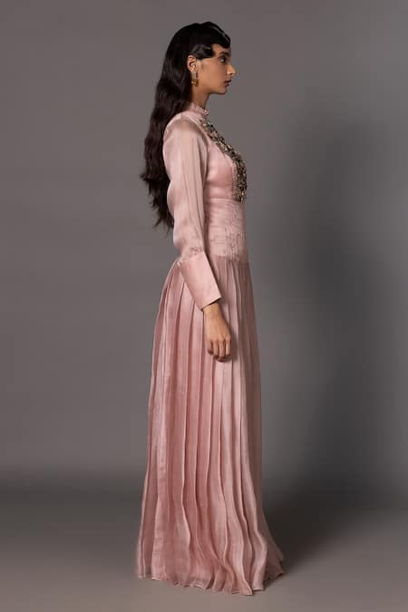 Buy_A Humming Way_Pink Satin Organza Embroidered Sang-e-sitara Stonework Bodice Victorian Gown _Online_at_Aza_Fashions