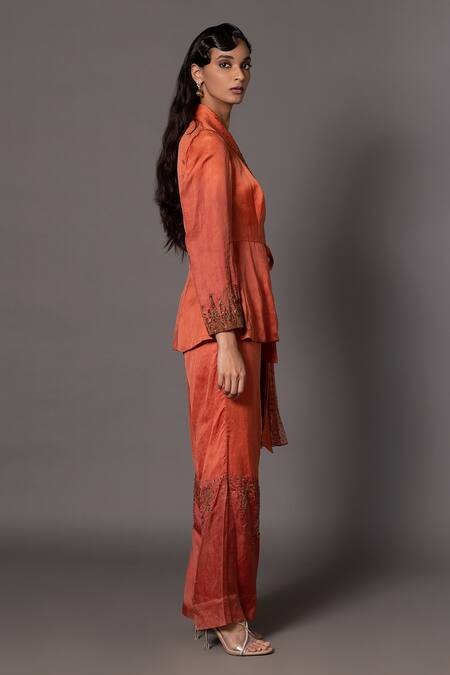 A Humming Way_Orange Linen Satin Embroidered Bead Wrap Gujiri Ombre Jacket With Trouser _Online_at_Aza_Fashions