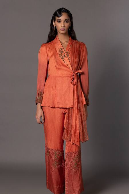 Buy_A Humming Way_Orange Linen Satin Embroidered Bead Wrap Gujiri Ombre Jacket With Trouser _Online_at_Aza_Fashions