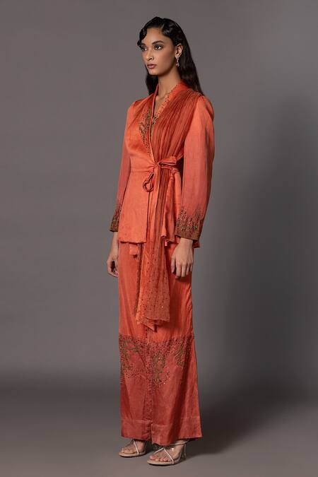 Shop_A Humming Way_Orange Linen Satin Embroidered Bead Wrap Gujiri Ombre Jacket With Trouser _Online_at_Aza_Fashions