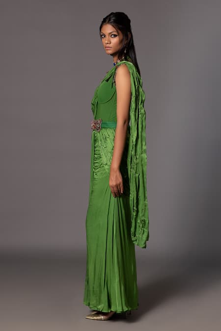 Buy_A Humming Way_Emerald Green Linen Satin Embroidered Crystal Embellished Corset Saree With Belt _Online_at_Aza_Fashions