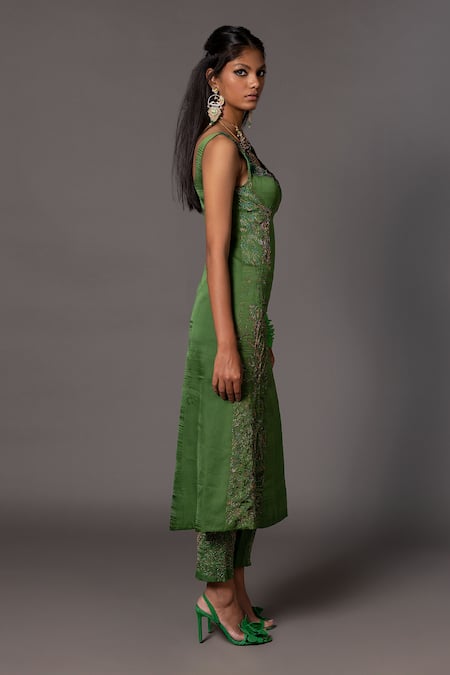 Buy A Humming Way Emerald Green Linen, Satin Jaipur Bagh Metallic Long Dress With Trouser Online at Aza Fashions Buy_A Humming Way_Emerald Green Linen, Satin Jaipur Bagh Metallic Long Dress With Trouser _Online_at_Aza_Fashions