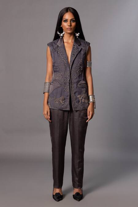 Buy_A Humming Way_Grey Linen Satin Embroidered Metallic Thread Shikhar Baugh Jacket With Trouser _Online_at_Aza_Fashions
