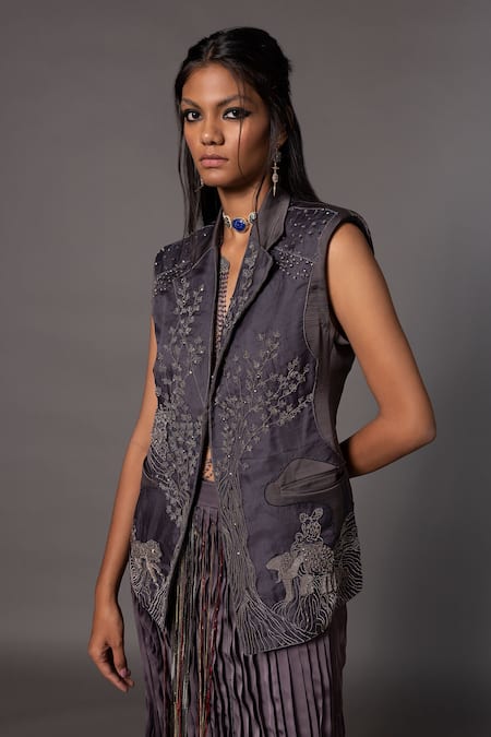 Buy_A Humming Way_Grey Linen Satin Embroidered Metallic Thread Shikhar Baugh Jacket With Skirt _Online_at_Aza_Fashions