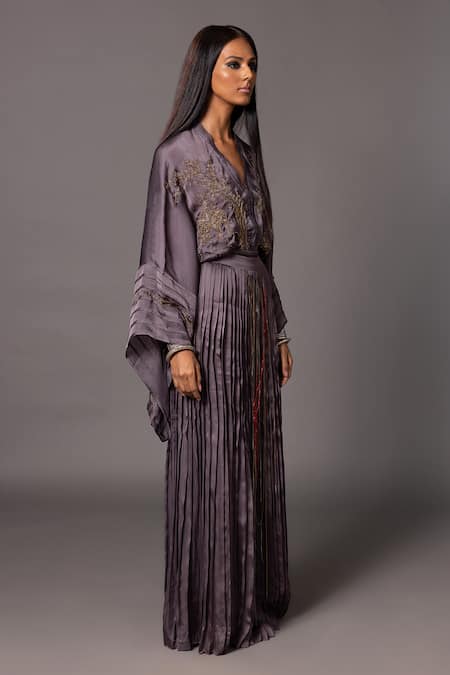 A Humming Way_Grey Bamboo, Georgette, Satin Shikhar Baugh Threadwork Kimono With Skirt _Online_at_Aza_Fashions