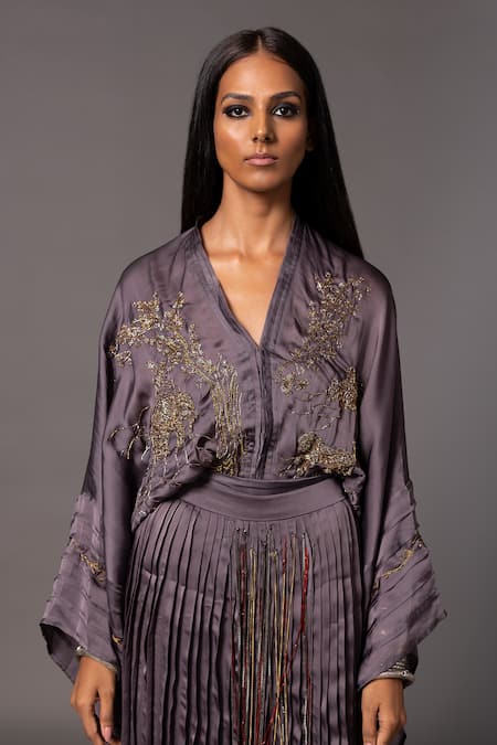 Buy_A Humming Way_Grey Bamboo, Georgette, Satin Shikhar Baugh Threadwork Kimono With Skirt _Online_at_Aza_Fashions
