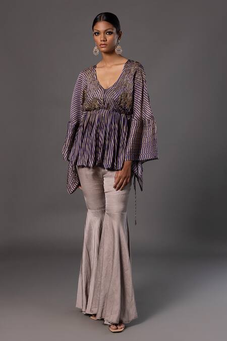 A Humming Way_Purple Linen Satin Embroidered Metallic Stripe Pattern Kimono With Gharara _Online_at_Aza_Fashions
