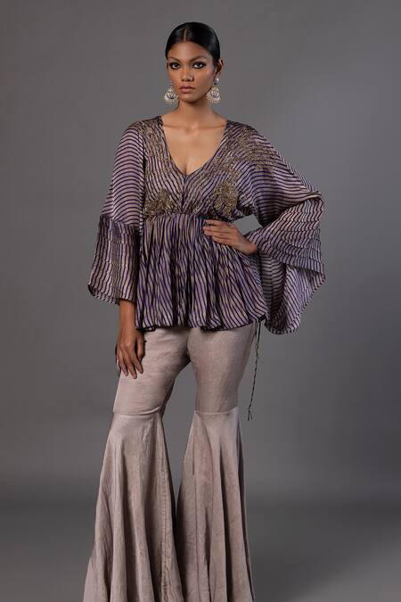 Buy_A Humming Way_Purple Linen Satin Embroidered Metallic Stripe Pattern Kimono With Gharara _Online_at_Aza_Fashions