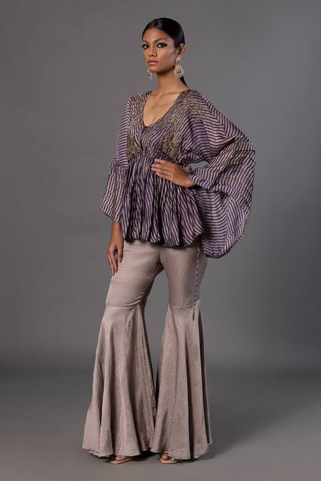 Shop_A Humming Way_Purple Linen Satin Embroidered Metallic Stripe Pattern Kimono With Gharara _Online_at_Aza_Fashions