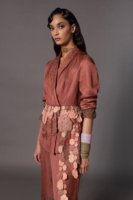 Shop_A Humming Way_Brown Linen Satin Desert Rose Cut-out Applique Tassel Jacket With Trouser _Online_at_Aza_Fashions