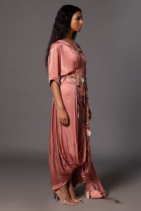 Buy_A Humming Way_Pink Satin Chiffon Desert Rose Applique Embellished Kaftan Saree With Belt _Online_at_Aza_Fashions