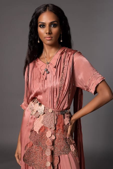 Shop_A Humming Way_Pink Satin Chiffon Desert Rose Applique Embellished Kaftan Saree With Belt _Online_at_Aza_Fashions