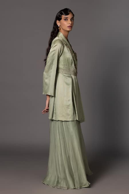 A Humming Way_Green Linen, Satin Embroidery Shawl Neck Crystal Embellished Jacket With Trouser _Online_at_Aza_Fashions