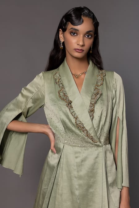 Buy_A Humming Way_Green Linen, Satin Embroidery Shawl Neck Crystal Embellished Jacket With Trouser _Online_at_Aza_Fashions