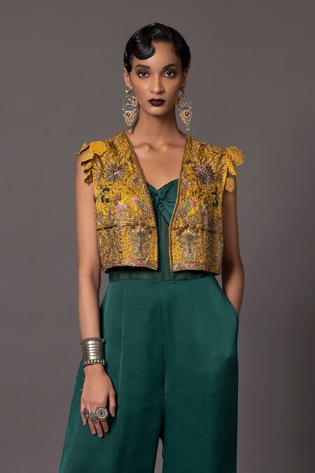 A Humming Way_Yellow Linen Satin Embroidered Metallic Thread Paro Cropped With Jumpsuit _Online_at_Aza_Fashions