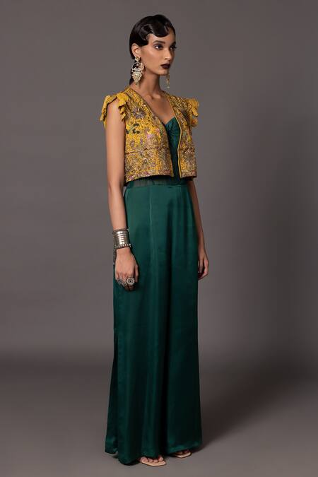 Buy_A Humming Way_Yellow Linen Satin Embroidered Metallic Thread Paro Cropped With Jumpsuit _Online_at_Aza_Fashions