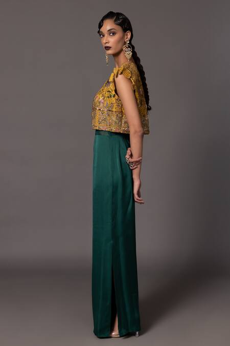 Shop_A Humming Way_Yellow Linen Satin Embroidered Metallic Thread Paro Cropped With Jumpsuit _Online_at_Aza_Fashions