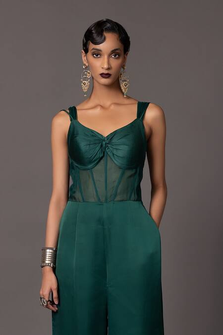 A Humming Way_Green Bamberg Georgette Satin Solid Sweetheart Namib Ruched Bodice Jumpsuit _Online_at_Aza_Fashions