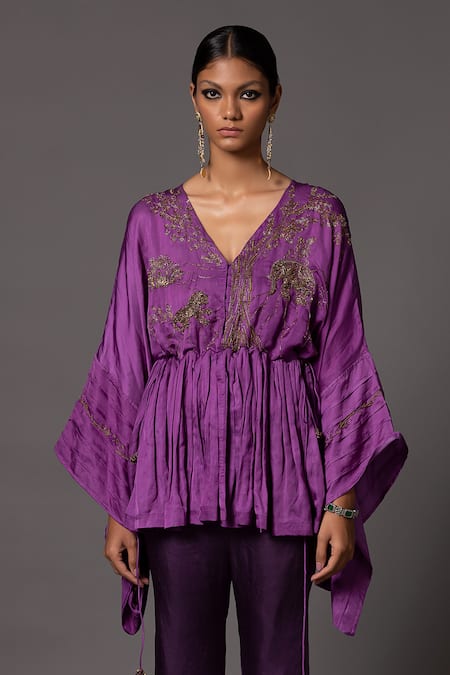 A Humming Way_Purple Linen Satin Embroidered Metallic Thread V-neck Kimono With Gharara _Online_at_Aza_Fashions