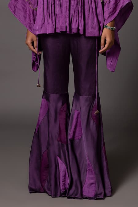 Buy_A Humming Way_Purple Linen Satin Embroidered Metallic Thread V-neck Kimono With Gharara _Online_at_Aza_Fashions