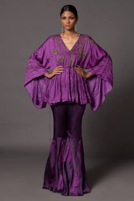 Shop_A Humming Way_Purple Linen Satin Embroidered Metallic Thread V-neck Kimono With Gharara _Online_at_Aza_Fashions