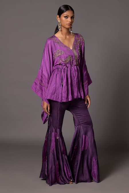 A Humming Way_Purple Linen Satin Embroidered Metallic Thread V-neck Kimono With Gharara _at_Aza_Fashions