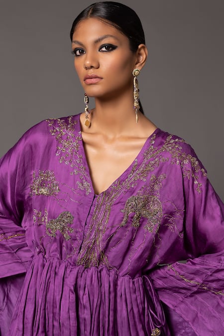 Buy_A Humming Way_Purple Linen Satin Embroidered Metallic Thread V-neck Kimono With Gharara 