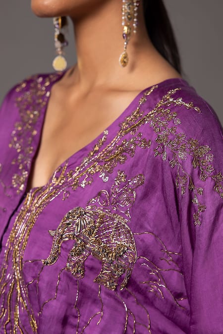 Shop_A Humming Way_Purple Linen Satin Embroidered Metallic Thread V-neck Kimono With Gharara 