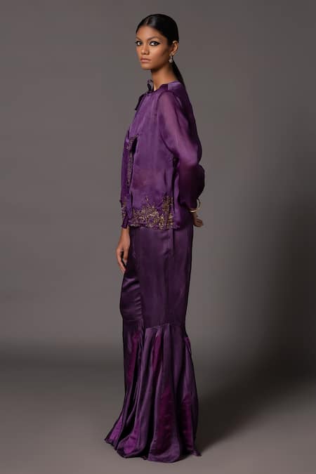 A Humming Way_Purple Satin Organza Embroidered Metallic Pichola Angarakha With Gharara _Online_at_Aza_Fashions