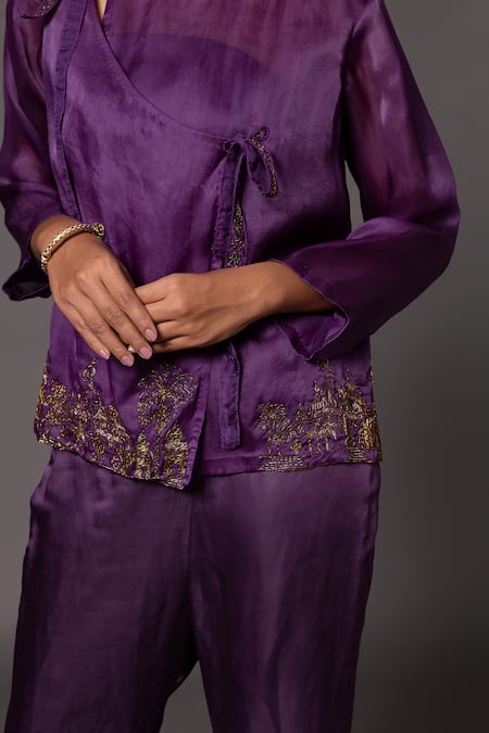 Shop_A Humming Way_Purple Satin Organza Embroidered Metallic Pichola Angarakha With Gharara _Online_at_Aza_Fashions